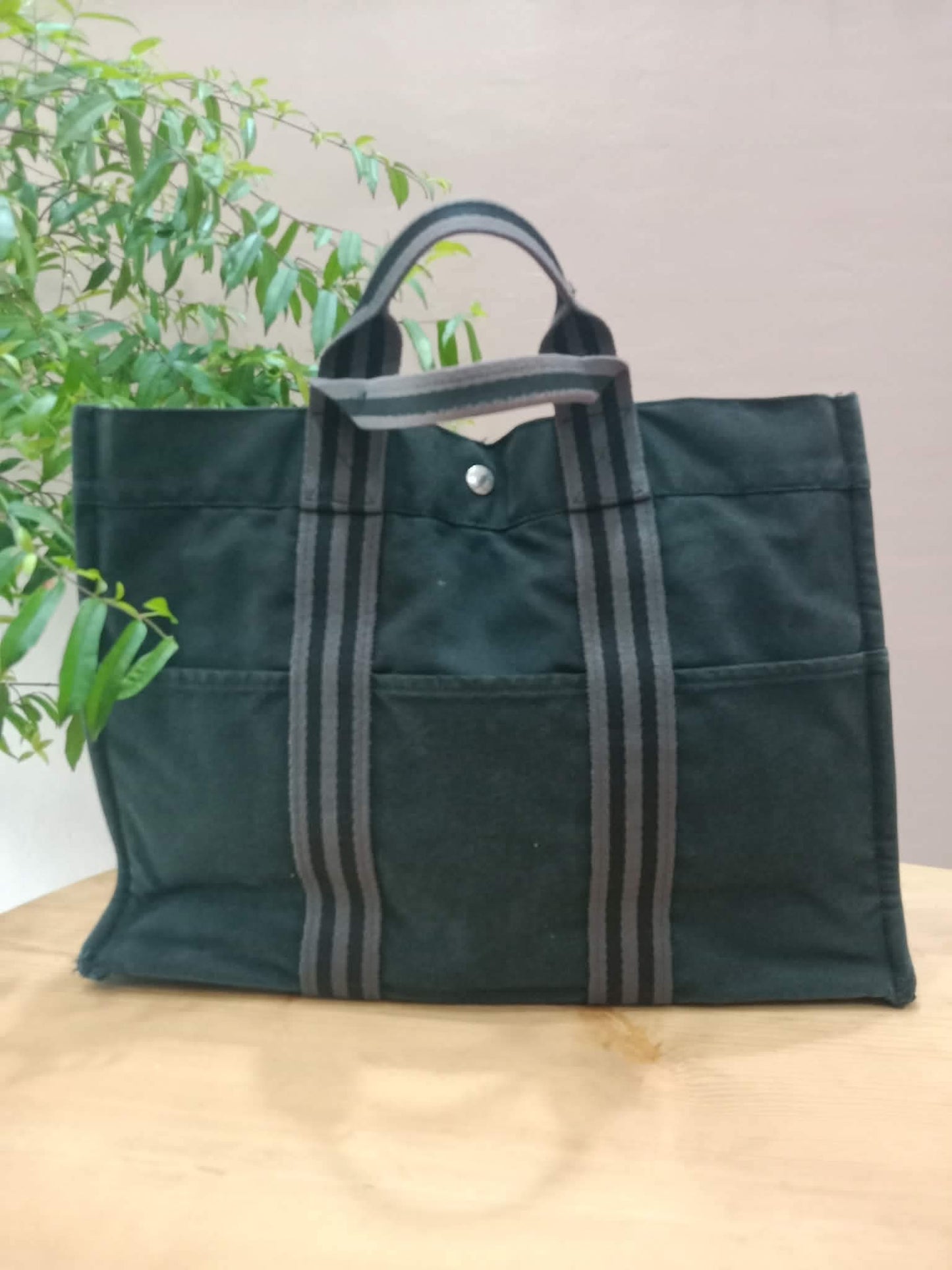 Hermes Ferrou Canvas Tote Black/Gray SHW