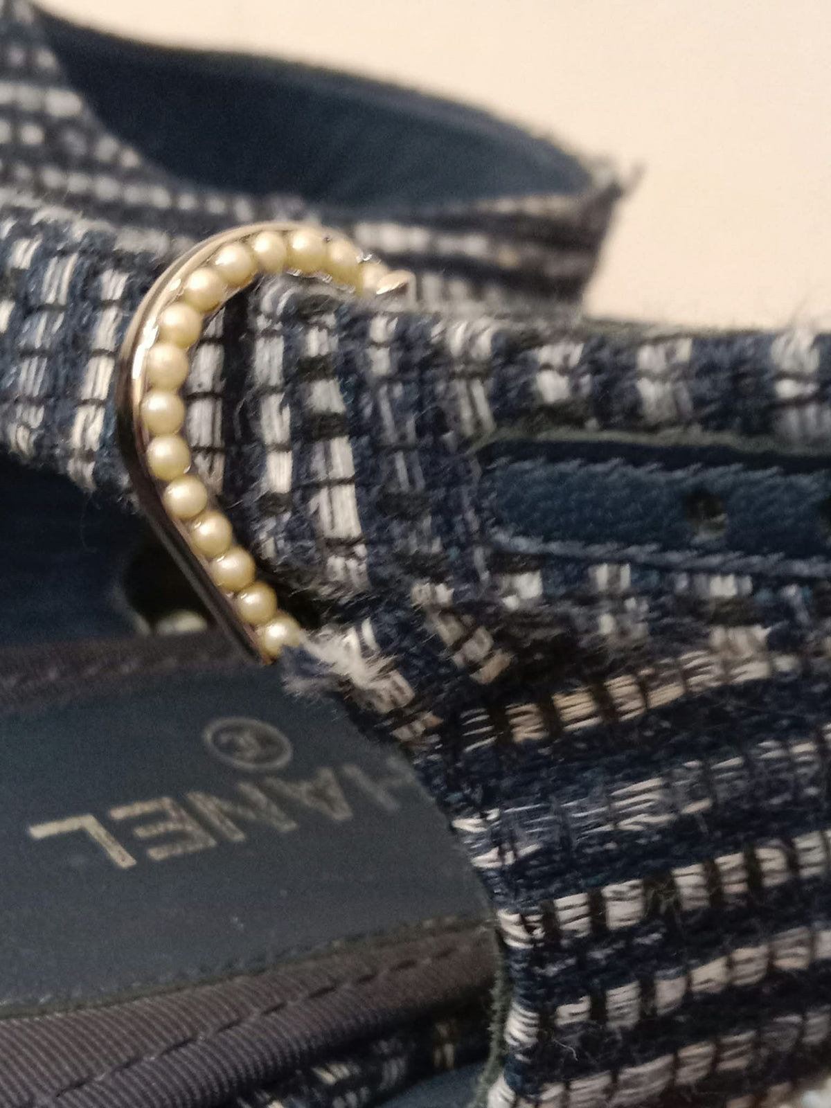 Chanel Navy Tweed Faux Pearl Trimmed Sandals Size 37