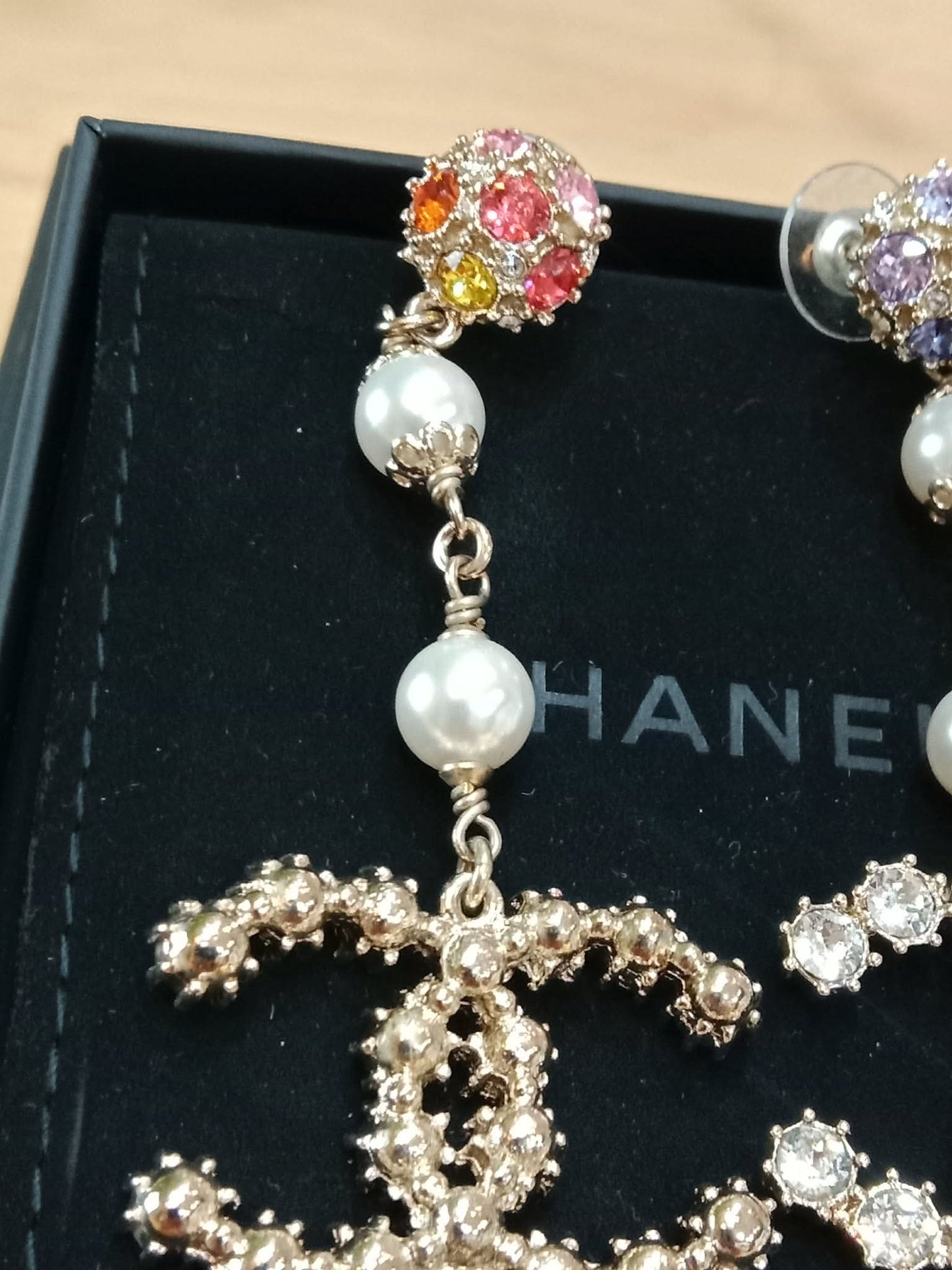 Chanel Rainbow Crystal CC Drop Earrings