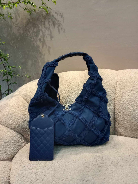 Chanel Cotton Canvas Large CC Embrace Hobo Navy Blue Bag