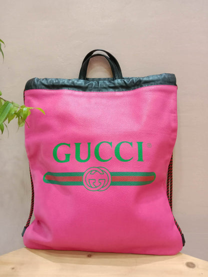 Gucci Printed Drawstring Backpack Grained Leather Pink/Black