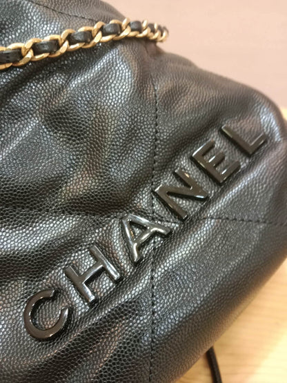 Chanel 22 Shiny Caviar Black Monochrome Mini Microchipped