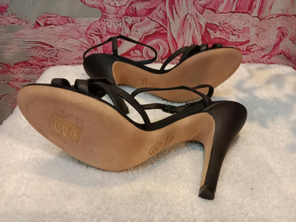Chanel Ankle-Strap Tiered Bow CC Logo Sandals Black Size 37 1/2