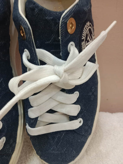 Louis Vuitton Time Out Sneakers Dark Blue Denim Monogram Embossed Pattern Size 37.5