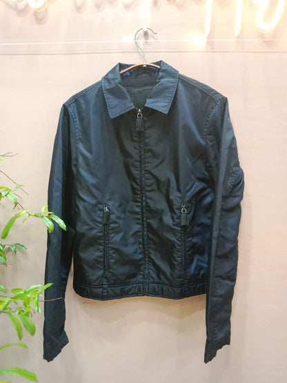 Prada Nylon Zip-Up Jacket Classic Shirt Collar and Zippered Front Pocket Black Medium