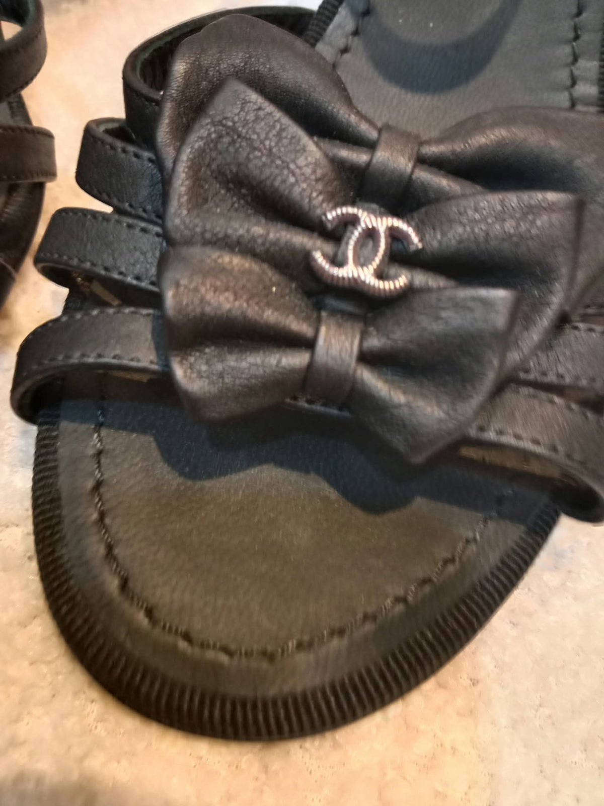 Chanel Ankle-Strap Tiered Bow CC Logo Sandals Black Size 37 1/2