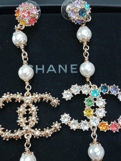 Chanel Rainbow Crystal CC Drop Earrings