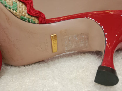 Gucci Kertu Mule Heels Red Patent Leather Trim and Bow Detail Size 36