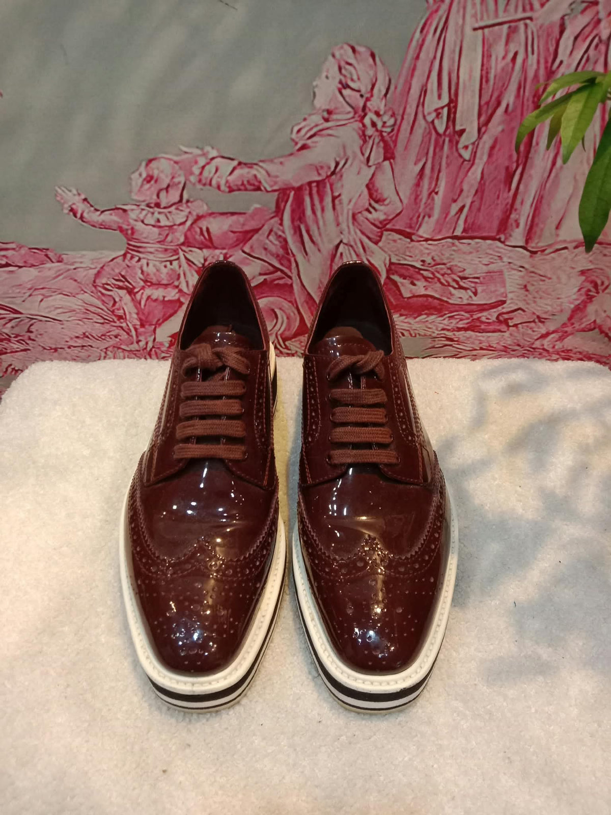 Prada Wingtip Brogue Derby Patent Platform Burgundy Size 37.5