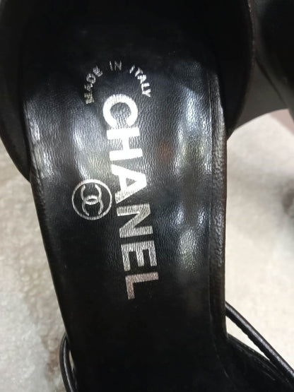 Chanel Black Leather Heels Knotted Toe Design and Draped Ankle Cuff Black Size 38