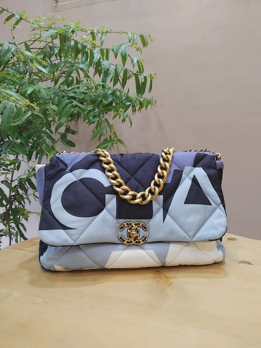 Chanel 19 Printed Silk Blue-Toned Quilted Maxi Flap Bag Series 30