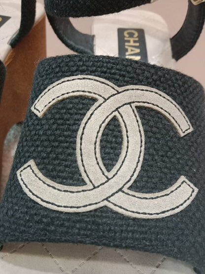 Chanel Wedge Sandals Black Canvas Embroidered Interlocking CC Logo Size 36