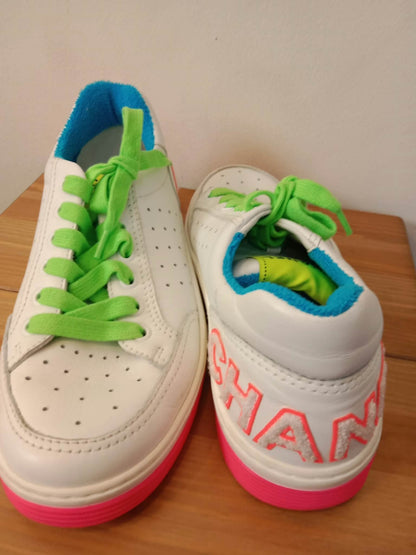 Chanel White Leather CC Lace-Up Sneakers Neon Multicolor Size 37
