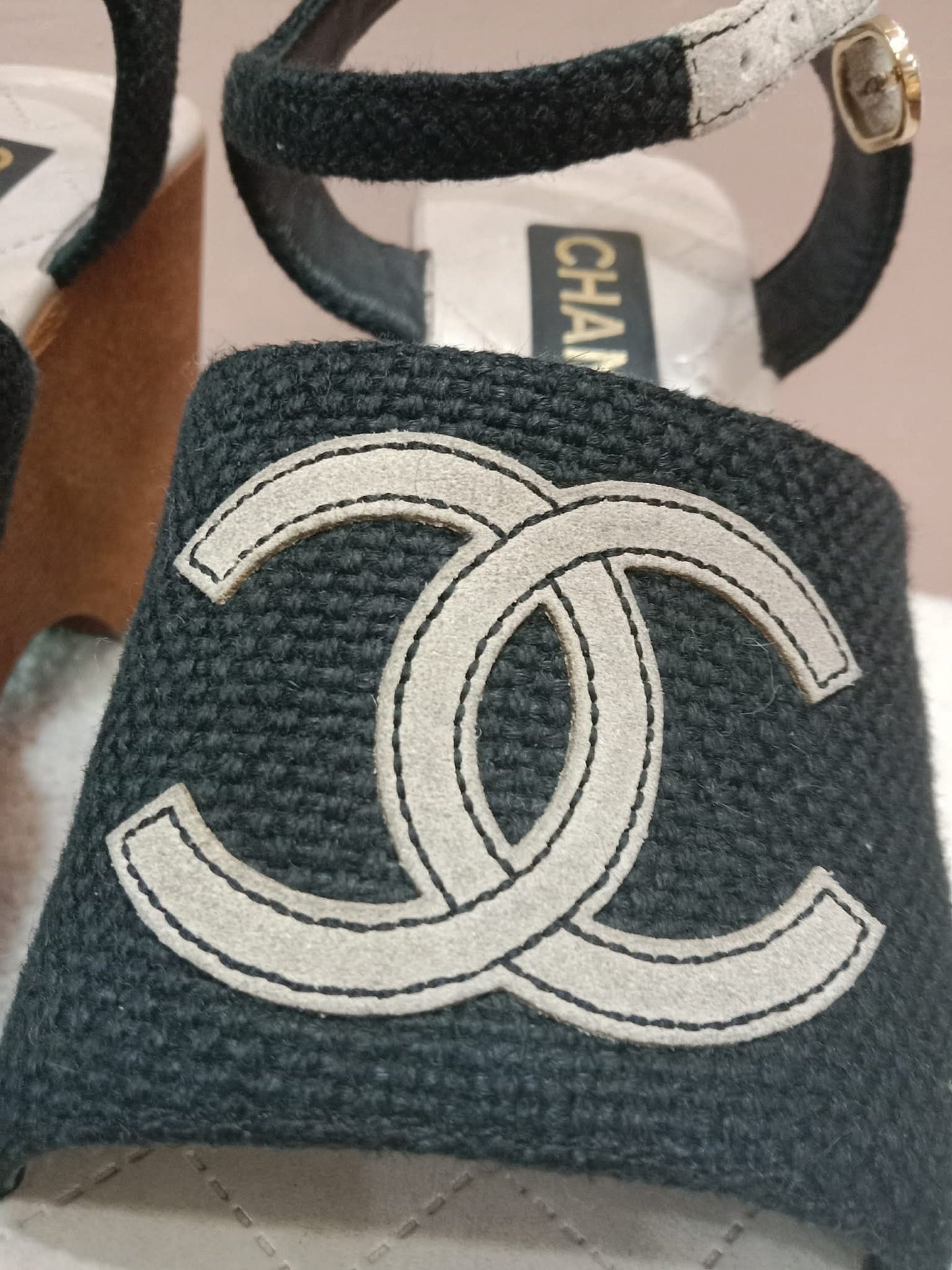 Chanel Wedge Sandals Black Canvas Embroidered Interlocking CC Logo Size 36