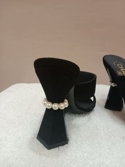 Chanel Pearl Heel Mules Black Suede with Pearl Embedded Heels Size 36