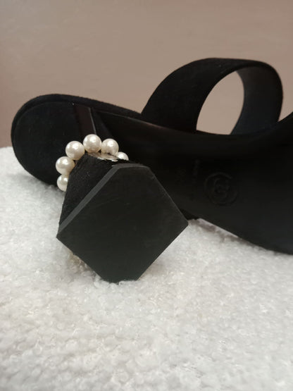 Chanel Pearl Heel Mules Black Suede with Pearl Embedded Heels Size 36