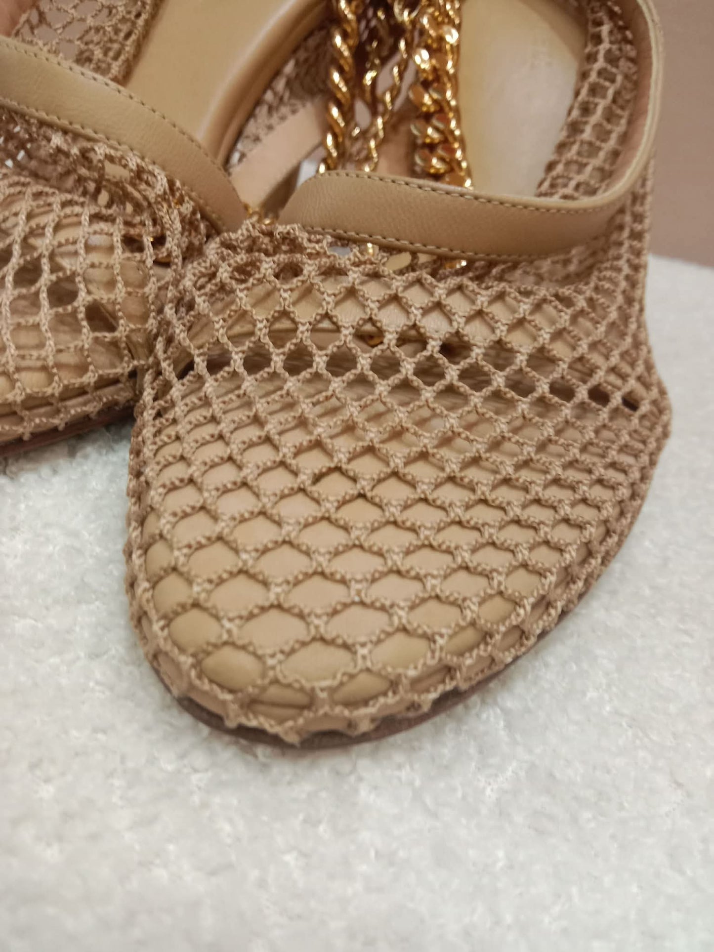 Bottega Veneta Mesh Nappa Chunky Chain Sandals Beige Size 36