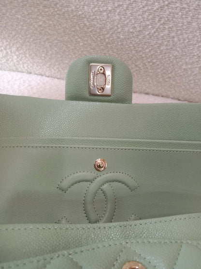 Chanel 24C Timeless Classic Double Flap Caviar Green Caviar Microchipped