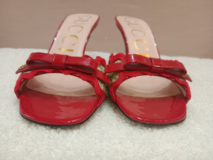 Gucci Kertu Mule Heels Red Patent Leather Trim and Bow Detail Size 36