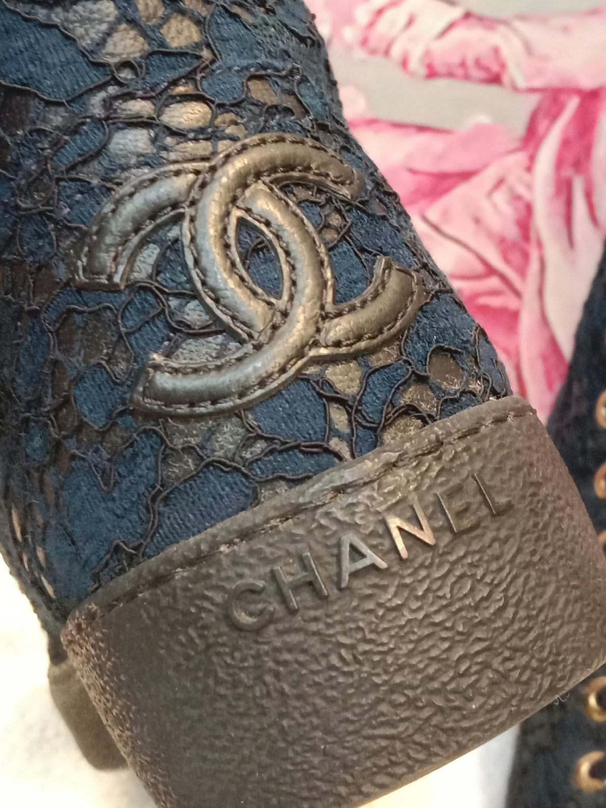 Chanel Navy Blue Floral Lace-Embossed Fabric Hih Top Sneakers Size 37 1/2