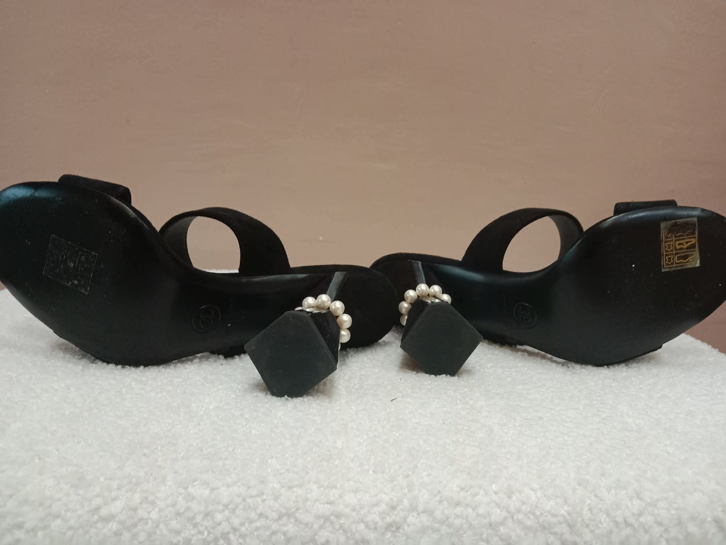 Chanel Pearl Heel Mules Black Suede with Pearl Embedded Heels Size 36