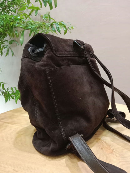 Chanel Vintage Karl Lagerfeld Dark Brown Suede Backpack featuring stitched CC Logo Flap Series 5