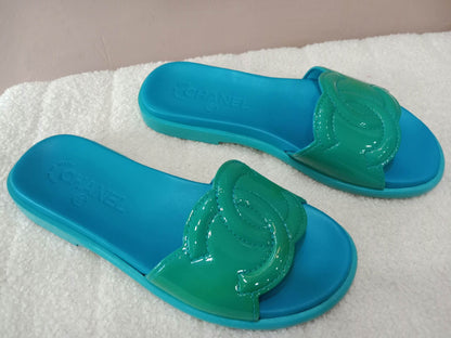 Chanel Turquiose and Green Patent Leather CC Flat Slide Sandals Size 36