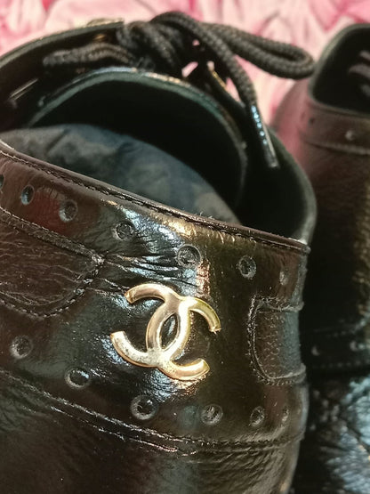 Chanel Quilted Leather Lace-up Oxfords Stacked Heels Black Size 39
