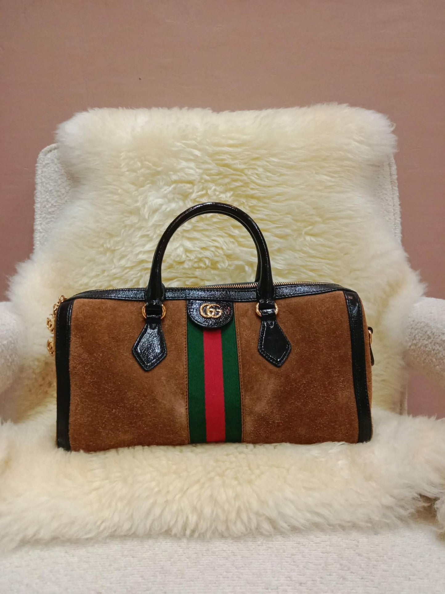 Gucci Ophidia Brown Suede Boston Bag