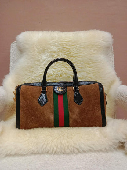 Gucci Ophidia Brown Suede Boston Bag