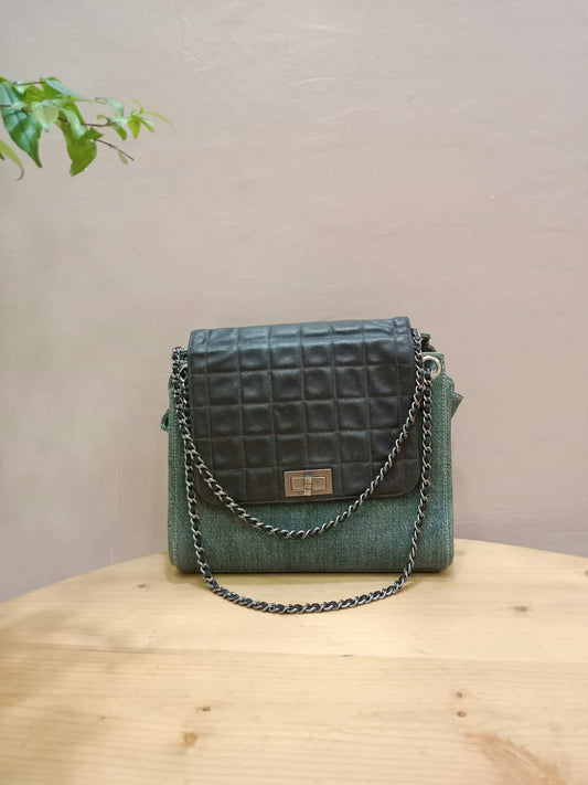 Chanel Vintage Denim and Leather Chocolate Bar Blue Green Denim Series 6