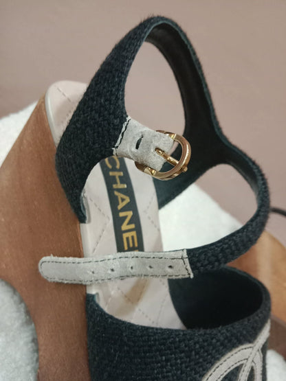 Chanel Wedge Sandals Black Canvas Embroidered Interlocking CC Logo Size 36