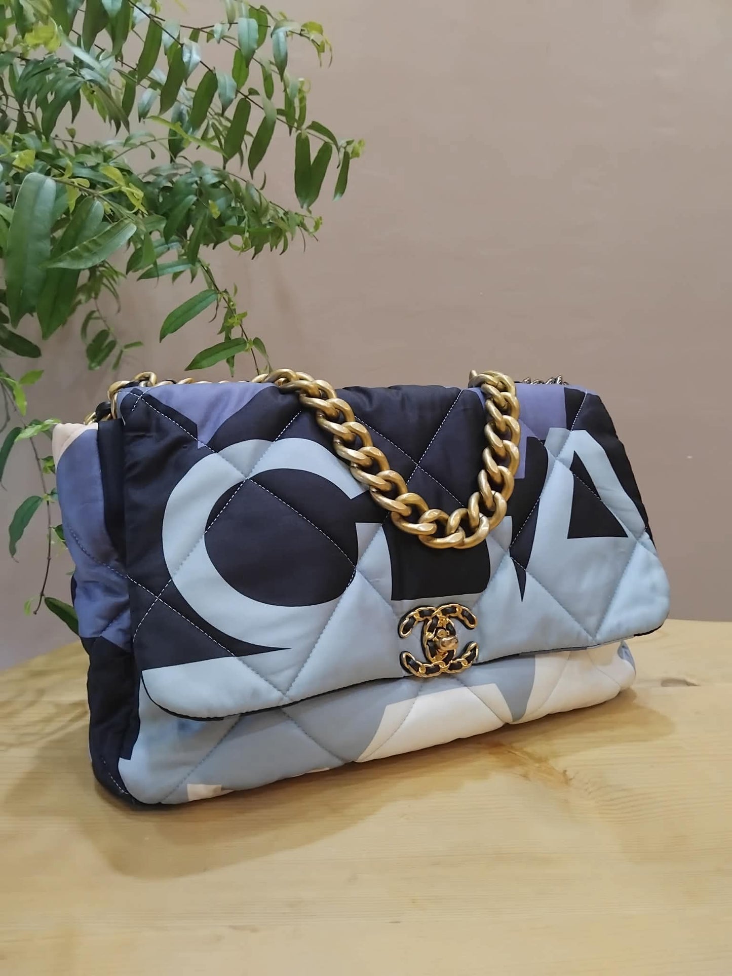 Chanel 19 Printed Silk Blue-Toned Quilted Maxi Flap Bag Series 30