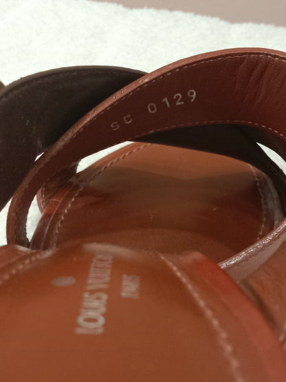 Louis Vuitton Horizon Block Heels Slide Sandals Monogram Leather Brown Size 36