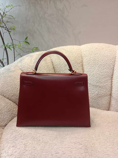 Hermes Kelly 32 Boxcalf Bordeaux Stamp F Square 2002