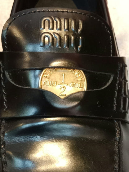 Miu Miu Brushed Penny Loafers Leather Black Size 35