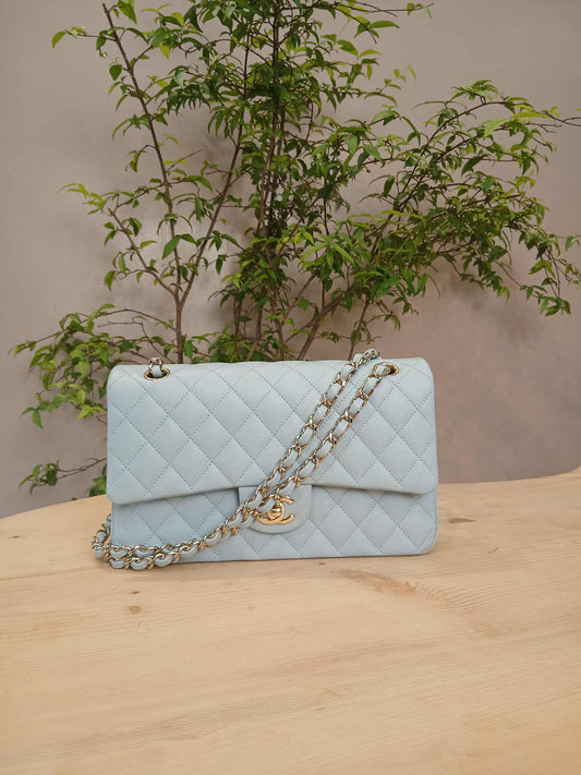 Chanel Quilted Double Flap Powder Blue Medium Caviar Microchipped