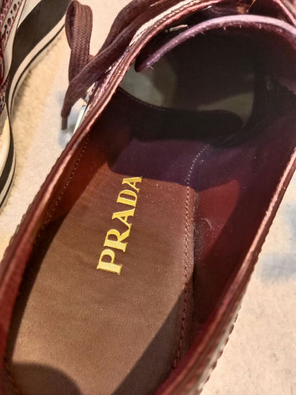 Prada Wingtip Brogue Derby Patent Platform Burgundy Size 37.5