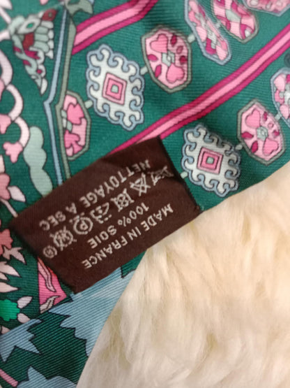 Hermes Tapis Persans Silk Twilly Scarf Featuring an Intricate Floral Pattern in Teal Green/Blue/Pink