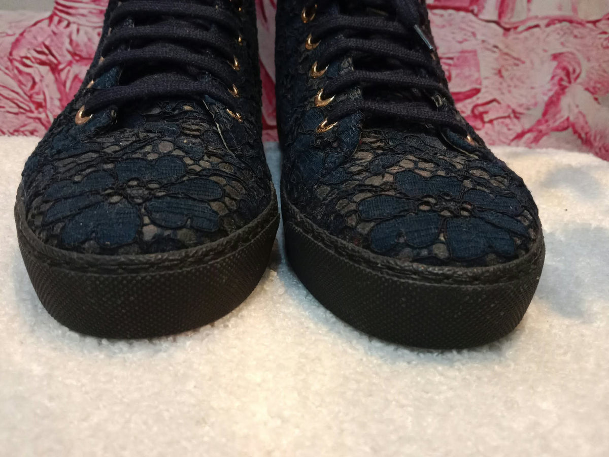 Chanel Navy Blue Floral Lace-Embossed Fabric Hih Top Sneakers Size 37 1/2