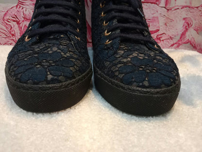 Chanel Navy Blue Floral Lace-Embossed Fabric Hih Top Sneakers Size 37 1/2