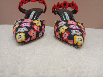 Manolo Blahnik Chamaca 70 Floral Print inen Mule Heels Size 36