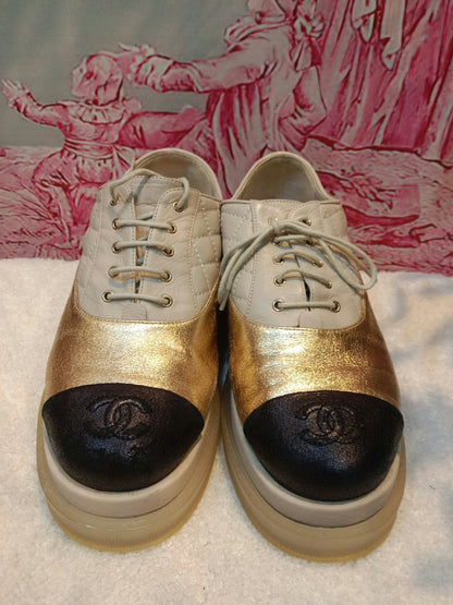 Chanel Interlocking CC Logo Metallic Gold/Beige Lace-up Sneakers with Black Cap Toe Size 35
