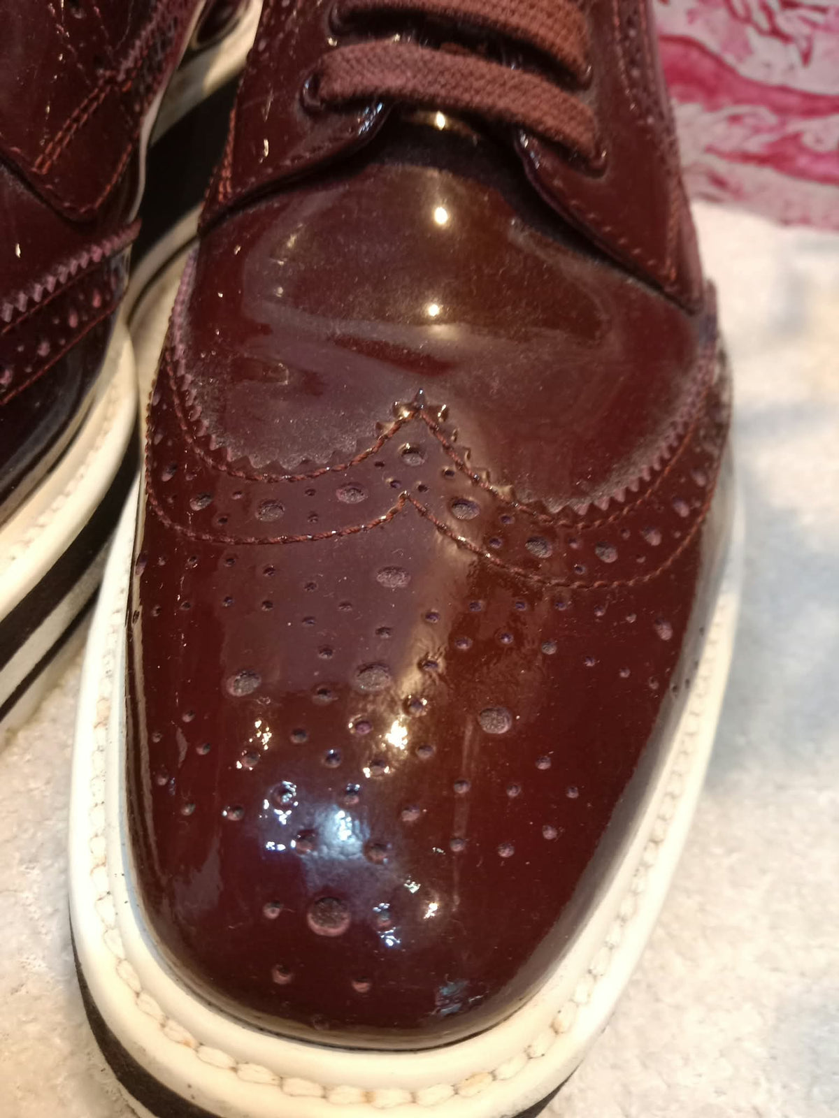 Prada Wingtip Brogue Derby Patent Platform Burgundy Size 37.5