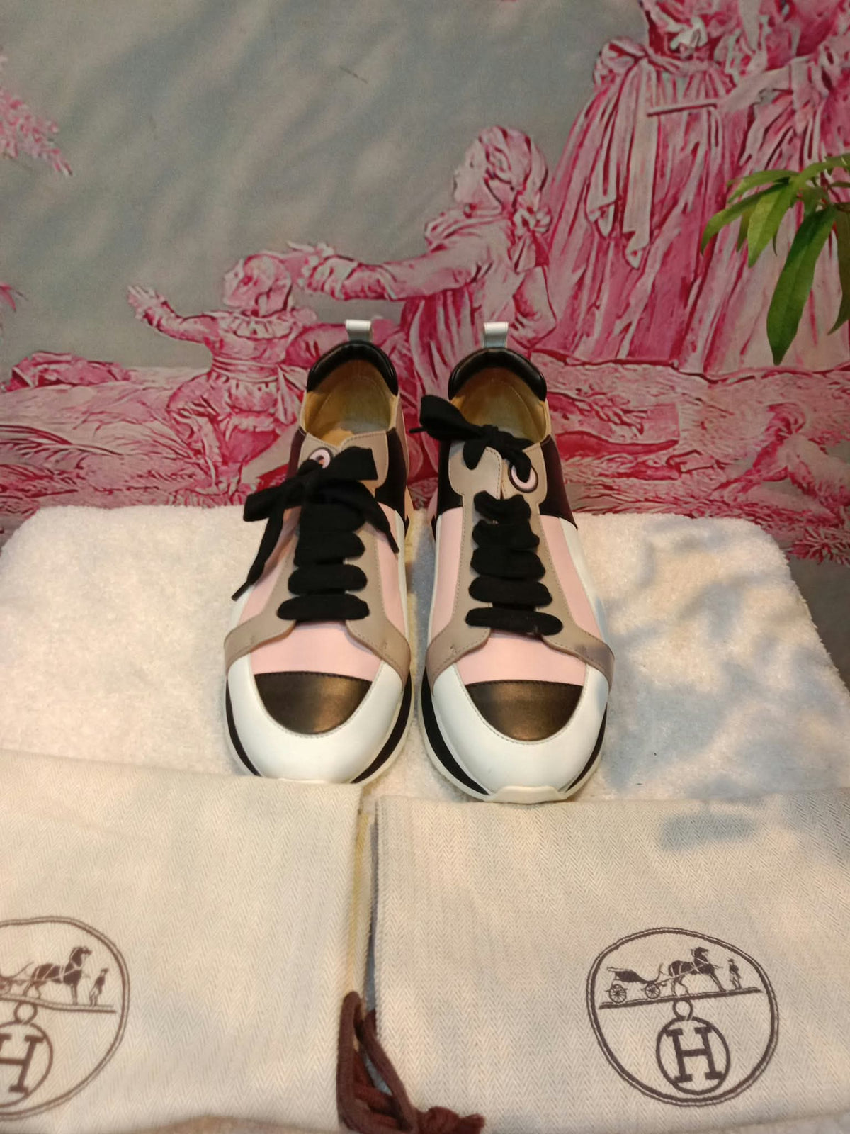 Hermes Rebus Sneakers Rose Aube/Black/White/Taupe Size 37.5