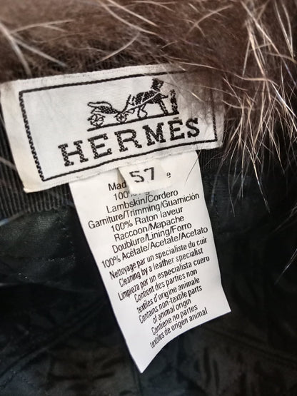 Hermes Black Quilted Leather Raccoon Winter Hat