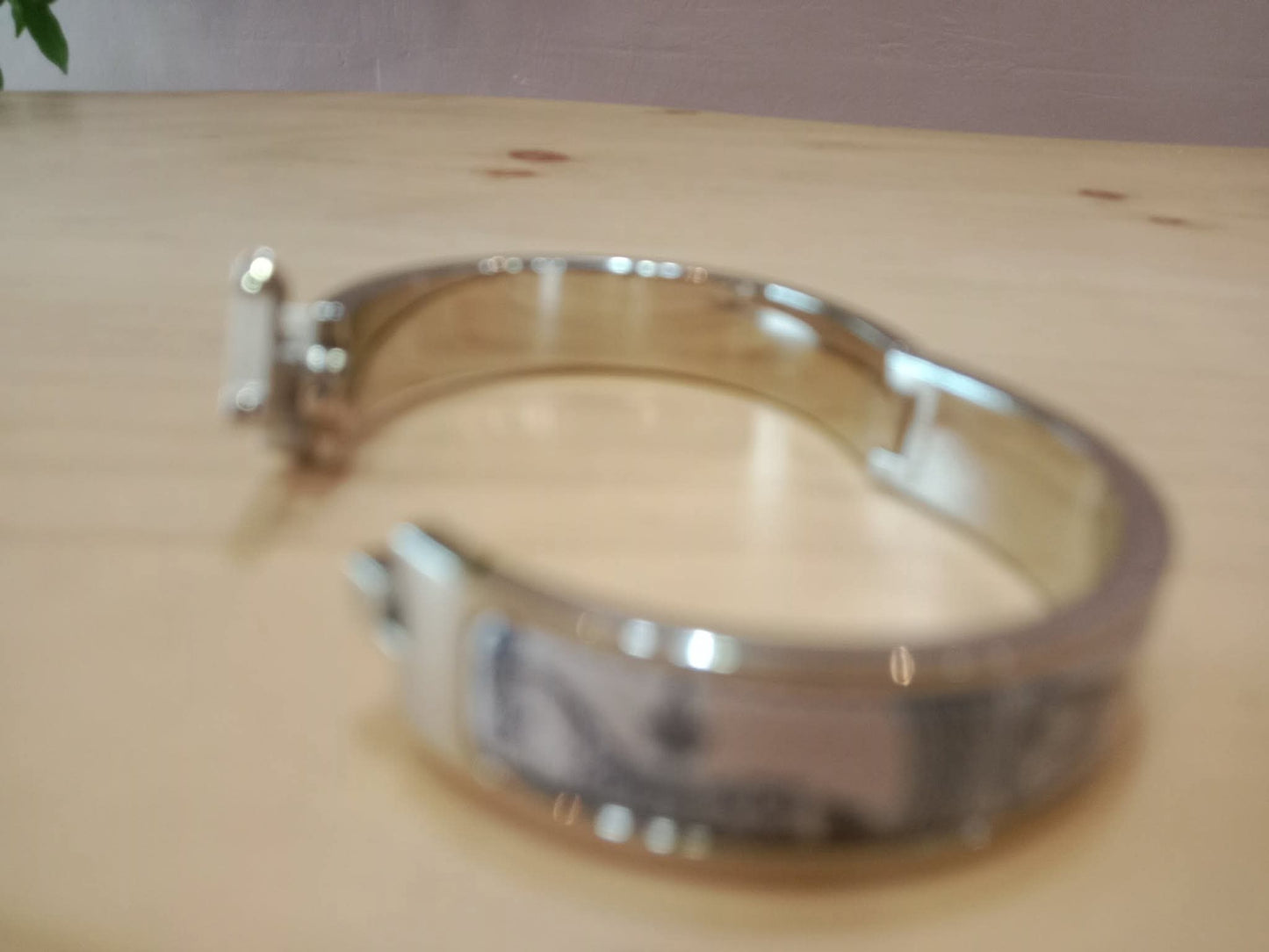 Hermes Clic H Bracelet in the "Grand Apparat Remix" Pattern White Enamel Printed Band Palladium-Plated Hardware GM Size