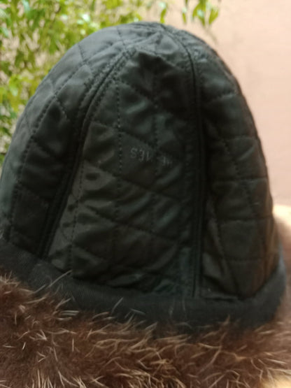Hermes Black Quilted Leather Raccoon Winter Hat