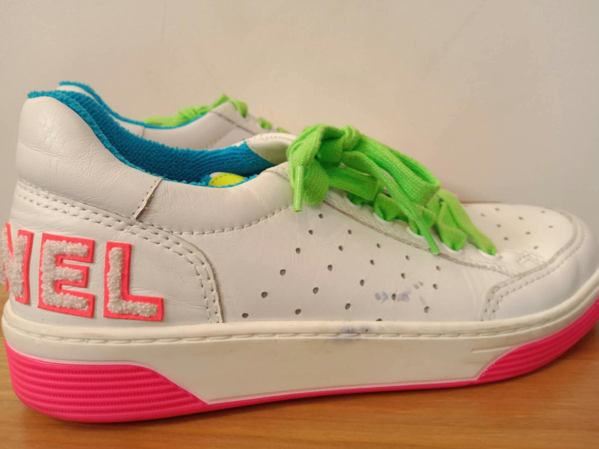Chanel White Leather CC Lace-Up Sneakers Neon Multicolor Size 37