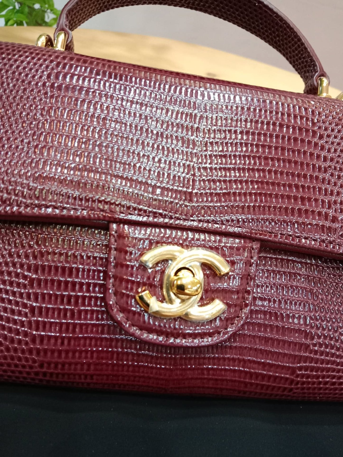 Chanel Tophandle Lizard Embossed Calfskin Clutch Dar Burgundy Microchipped